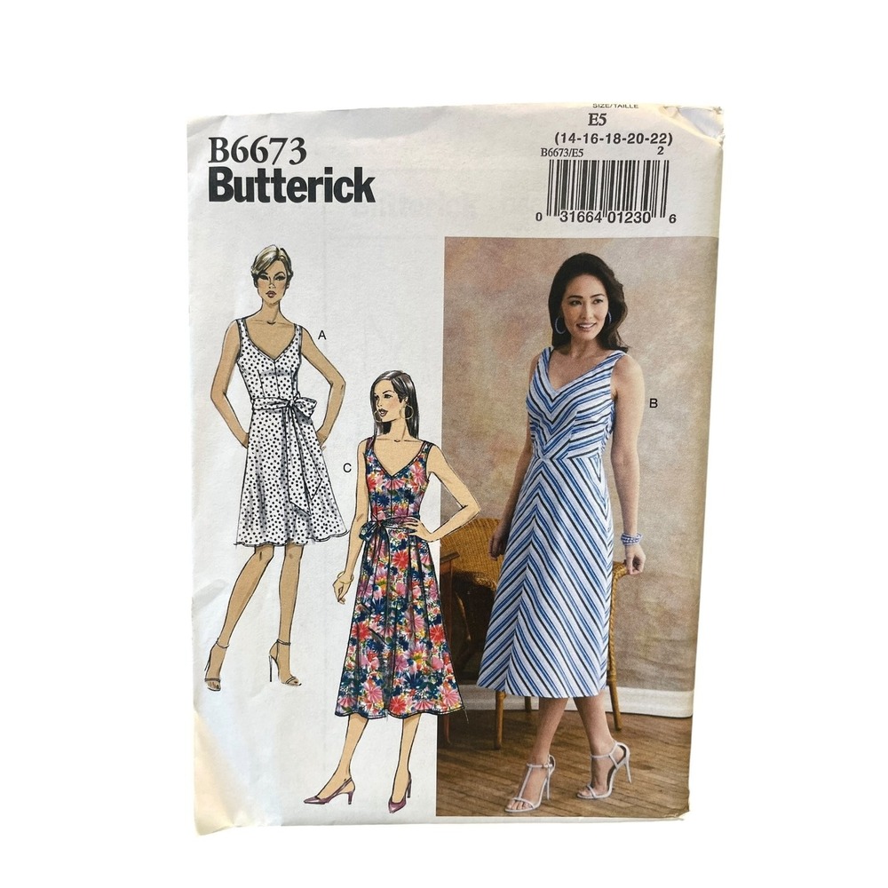 Butterick Sewing Pattern Misses 14-22 B6673 A-Line Pleated V-Neck Dress Sash